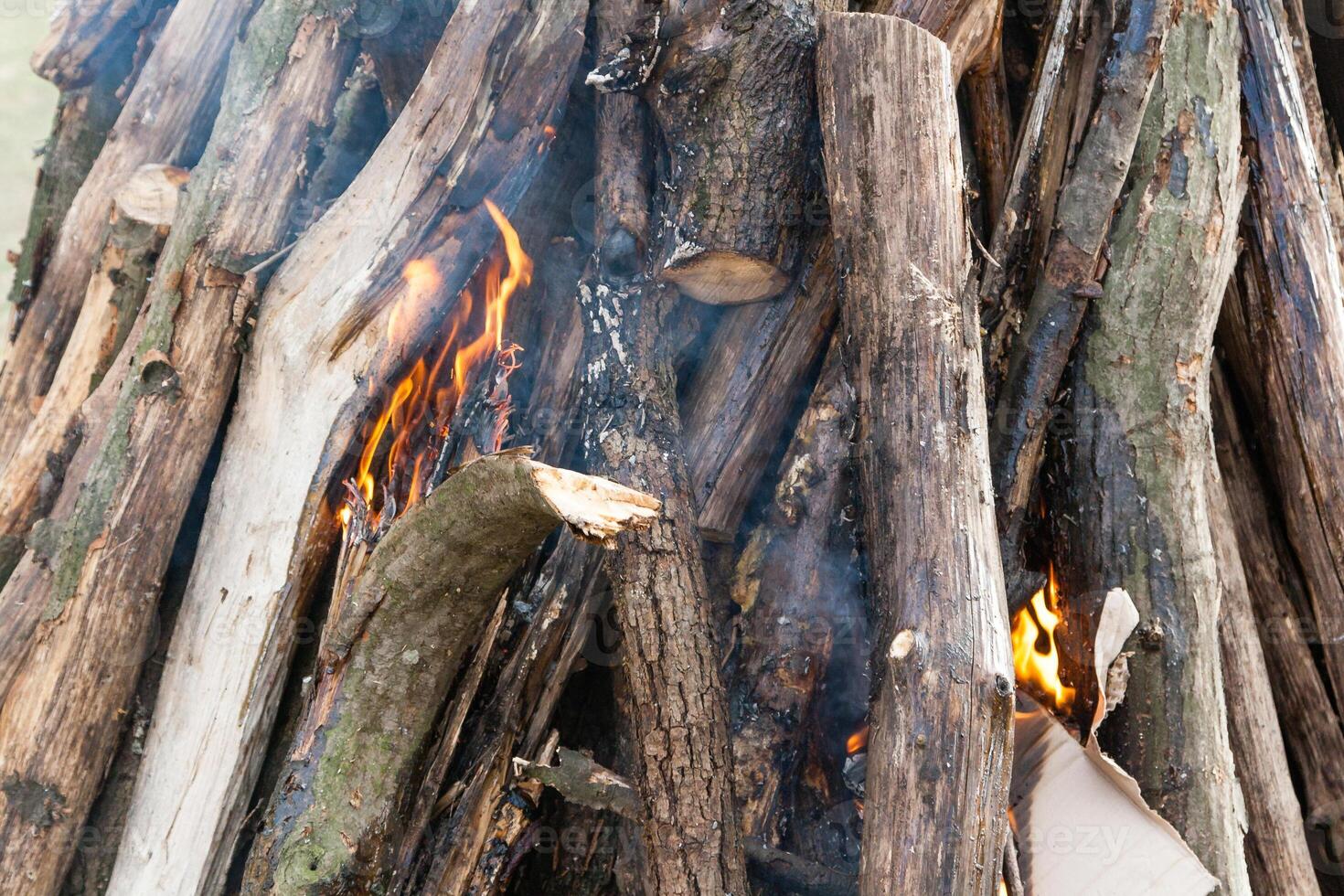 magnifique Feu flammes sur une feu de camp photo