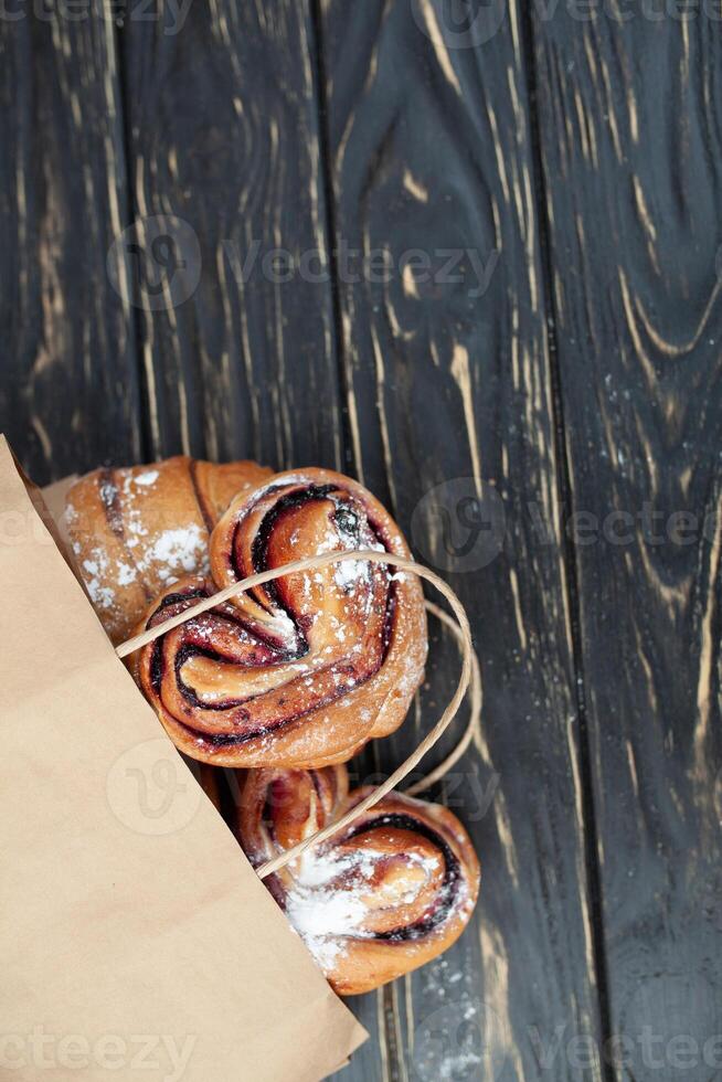 papier sac boulangerie des produits. en bonne santé repas. Vide espace. gourmet aliments. moquer en haut. photo