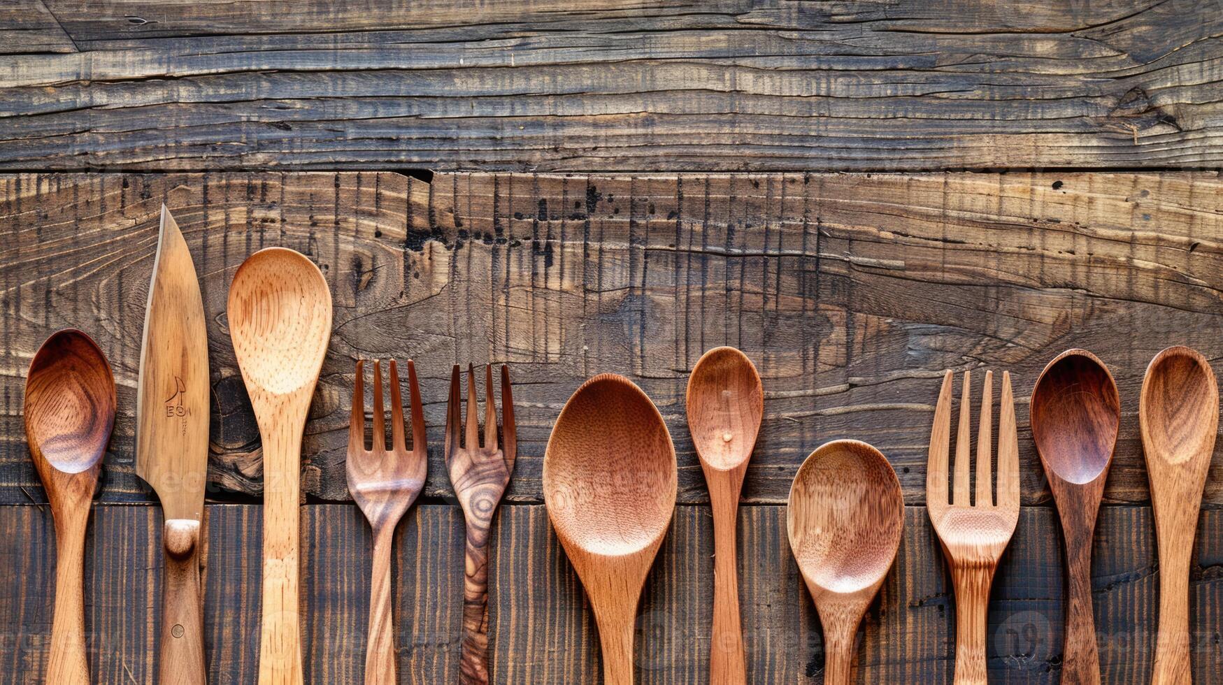 ai généré soigné arrangement de en bois coutellerie sur rustique en bois table photo