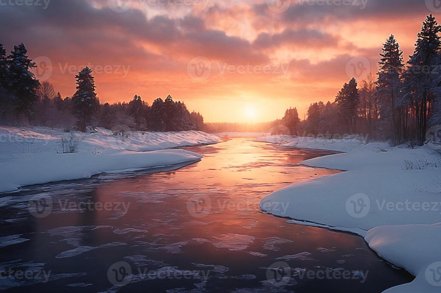 ai généré rivière dans hiver, neige sur le banques, lever du soleil photo