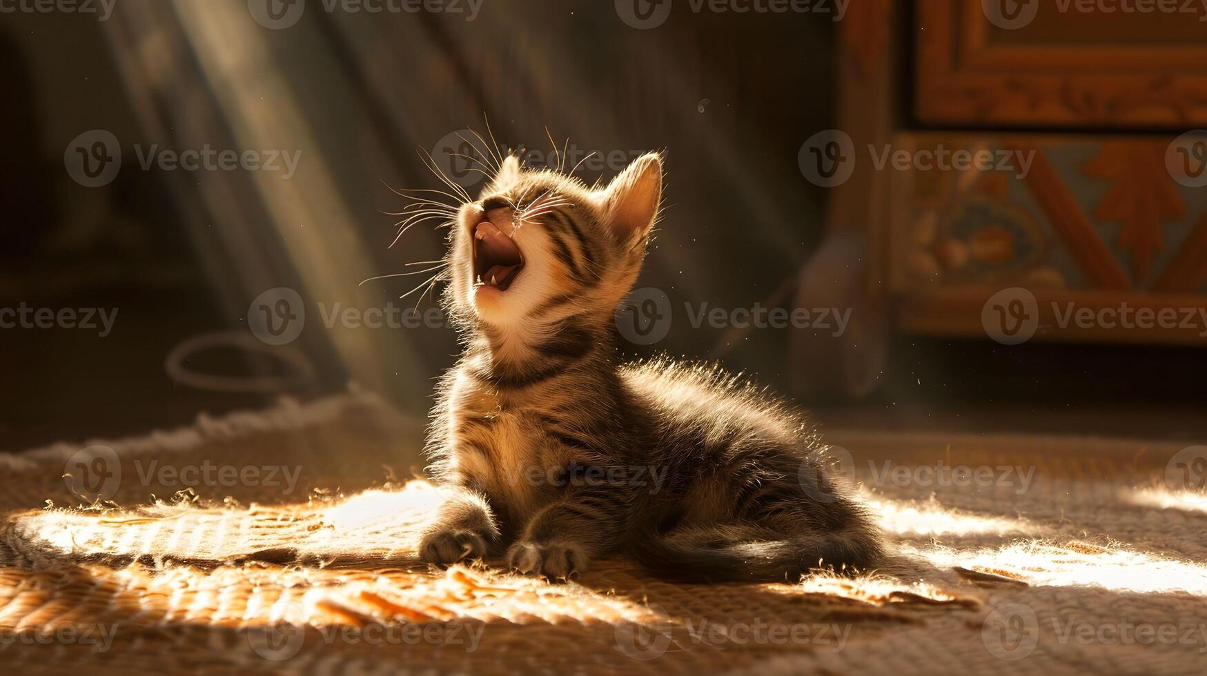 ai généré bâillement chaton curling en haut dans une rayon de soleil photo