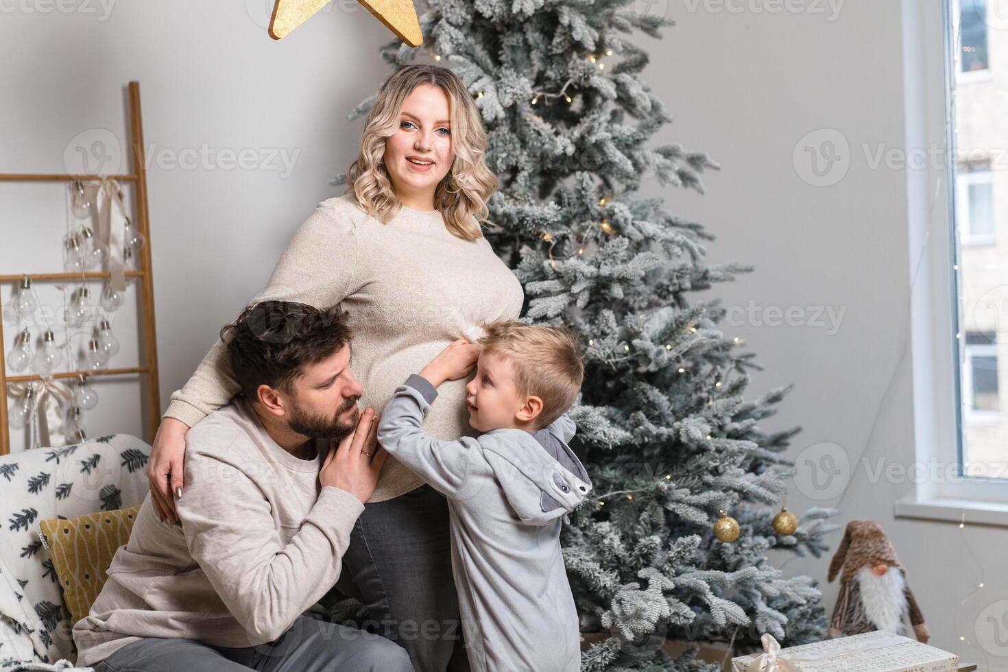 Noël famille bonheur portrait de papa, Enceinte maman et peu fils séance fauteuil à Accueil près Noël arbre étreinte sourire photo