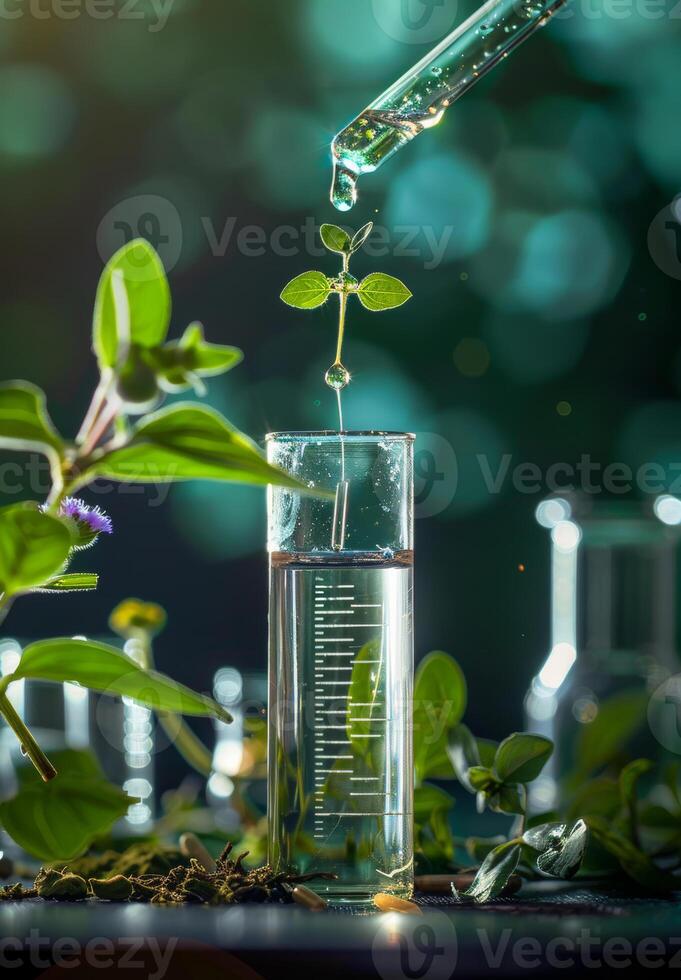 ai généré scientifique goutte chimique Solution sur plante dans laboratoire photo