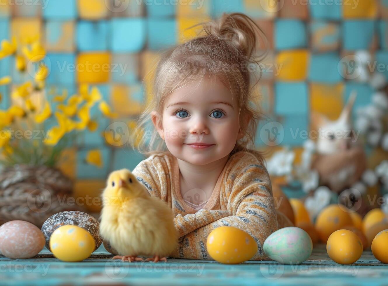 ai généré mignonne peu fille avec nouveau née poulet et coloré Pâques des œufs photo