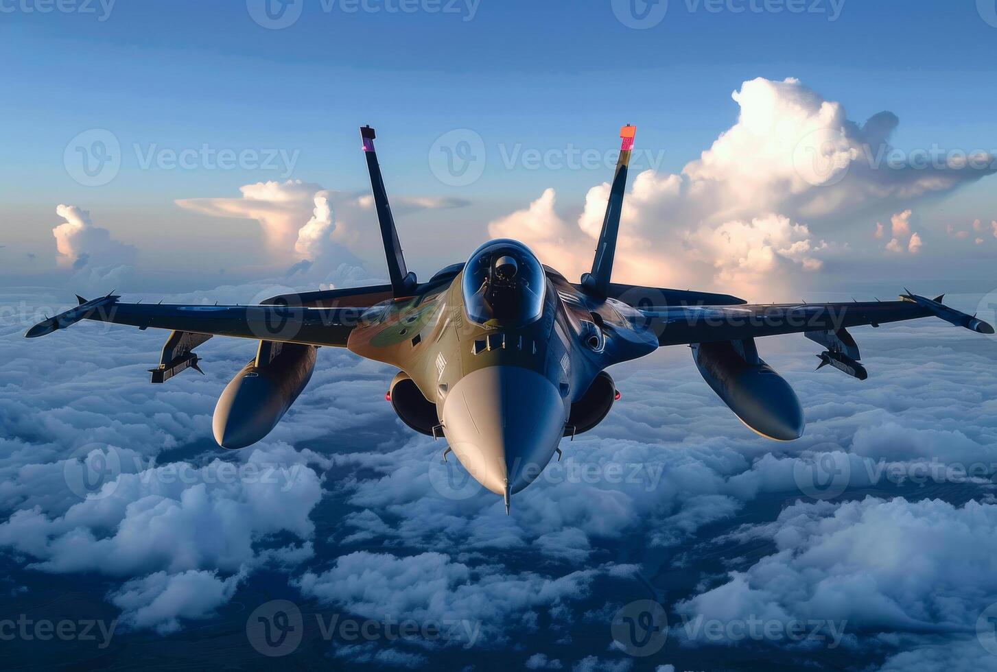 ai généré militaire combattant jet mouches haute dans le ciel au dessus le des nuages photo