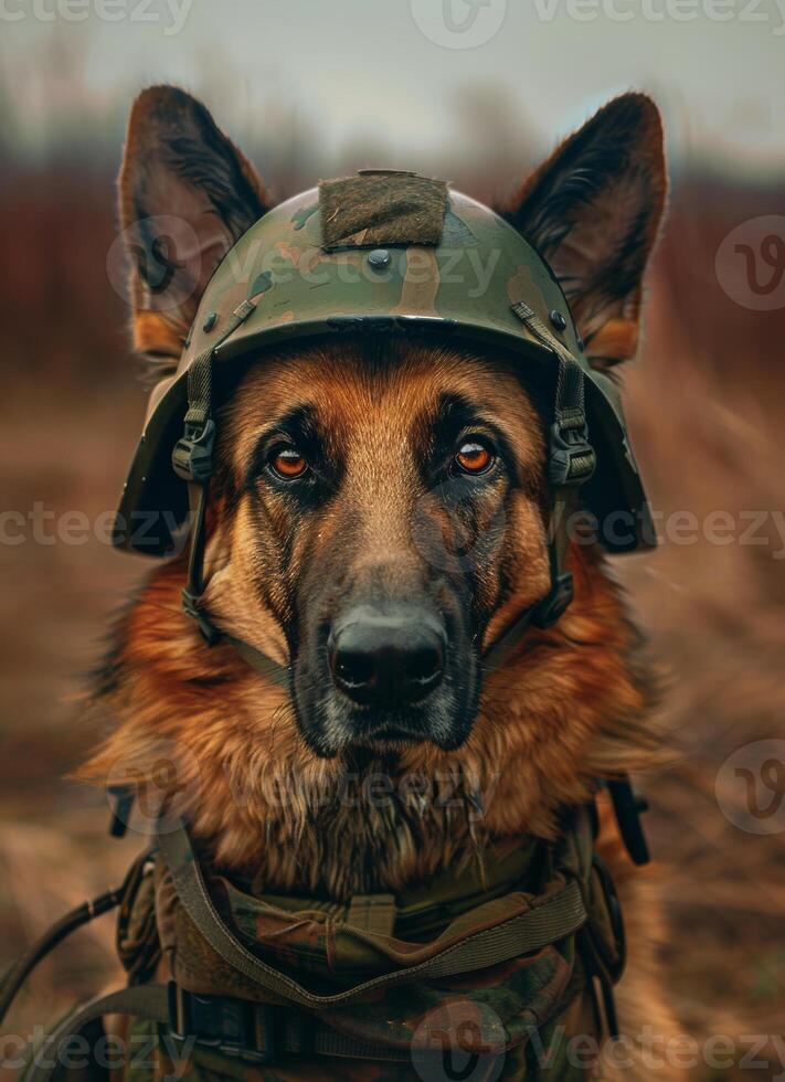 ai généré allemand berger dans militaire casque photo