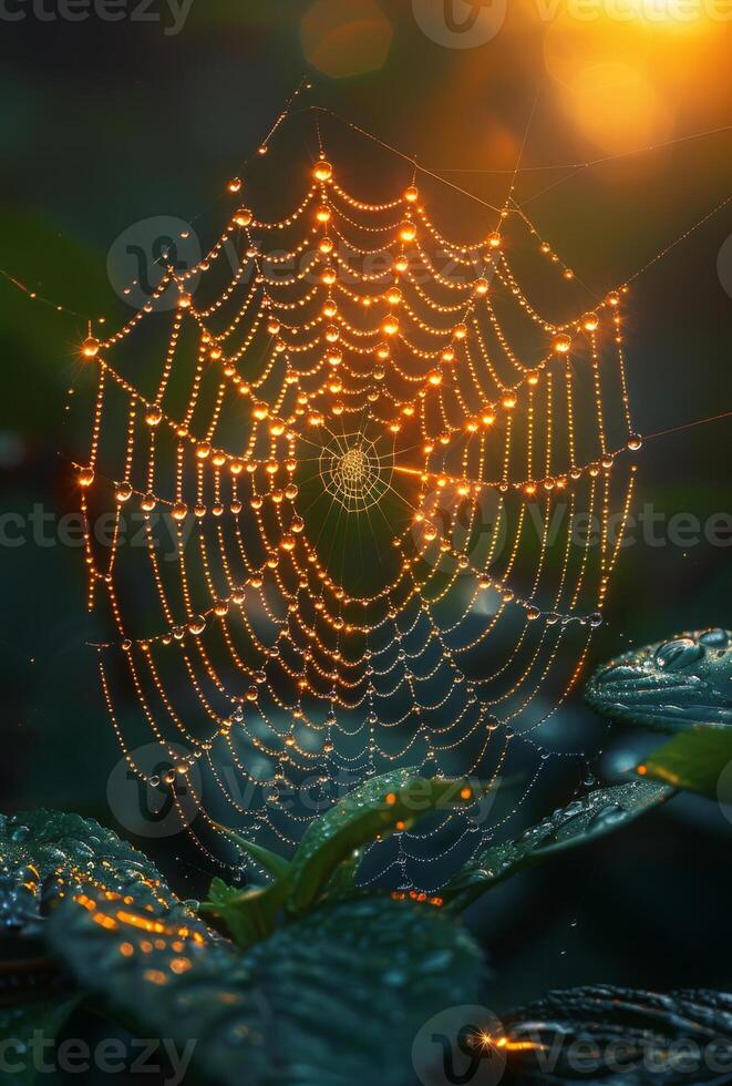 ai généré araignée la toile dans le Matin rosée photo