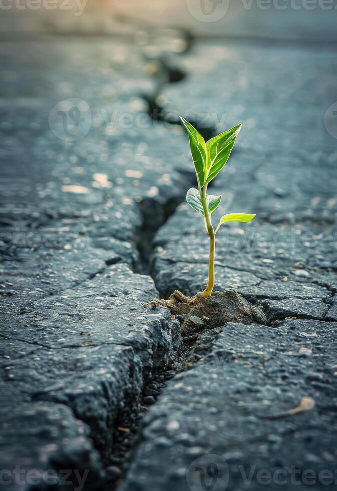 ai généré petit plante est croissance sur le asphalte route le concept de croissance et espérer photo