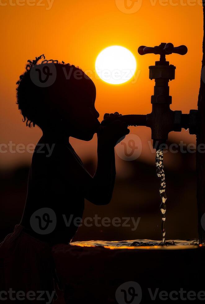 ai généré garçon les boissons l'eau de robinet pendant le coucher du soleil dans le village photo