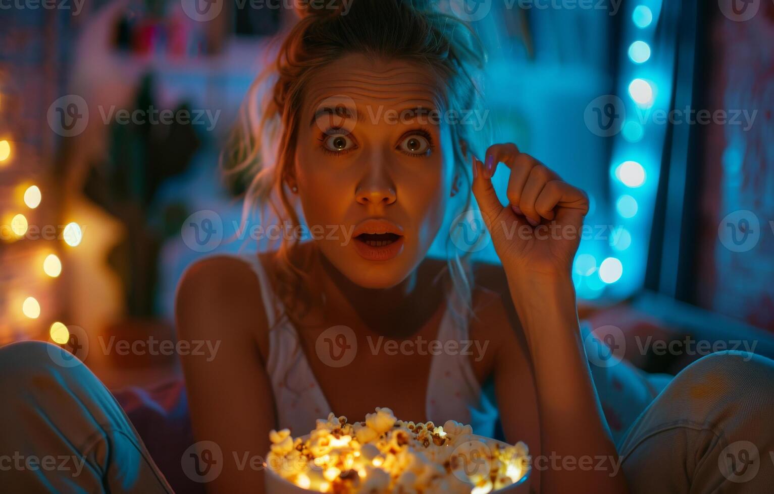 ai généré surpris Jeune femme en mangeant pop corn tandis que en train de regarder horreur film sur la télé à maison. photo
