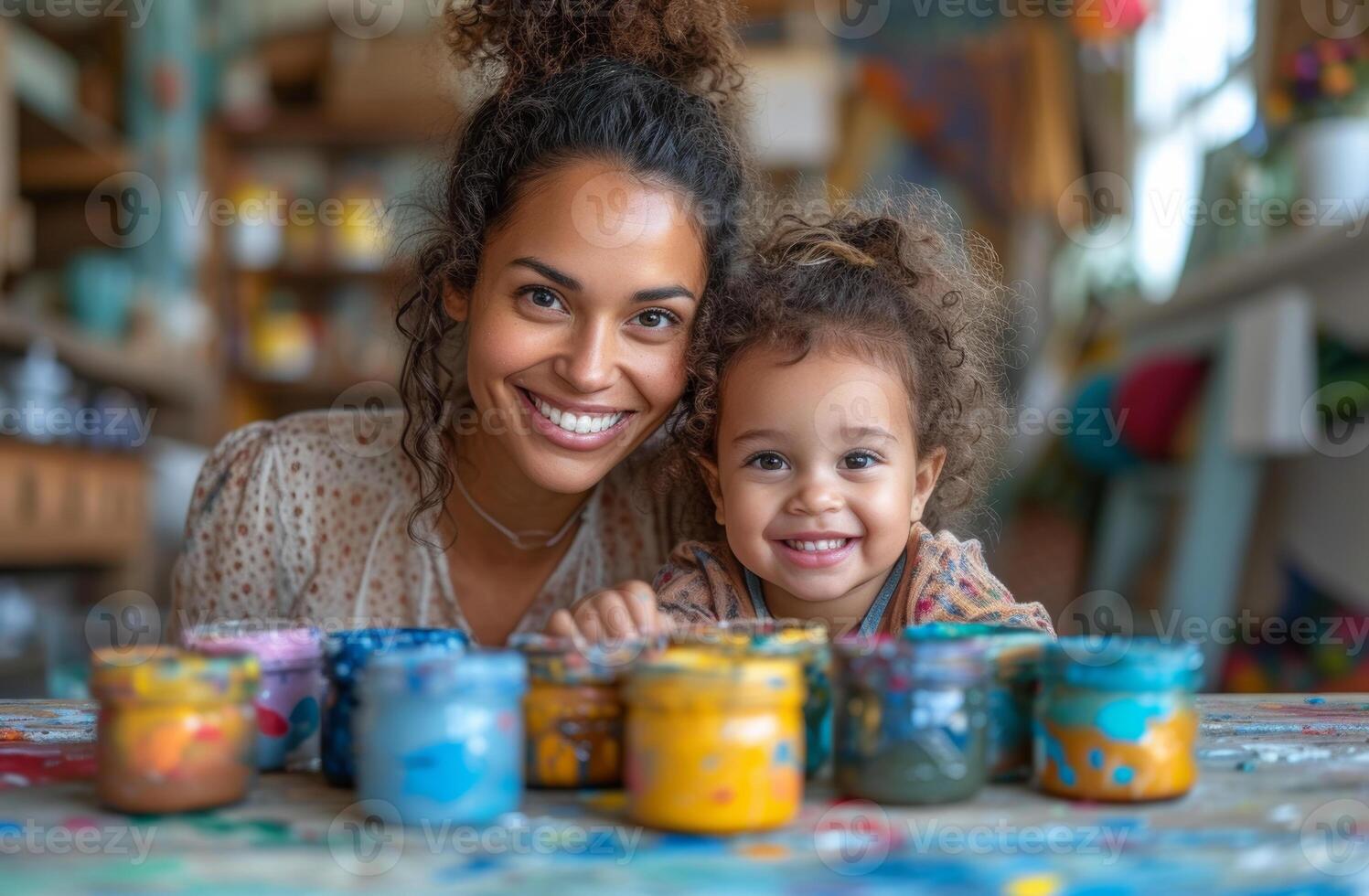 ai généré mère et fille sourire tandis que séance à table avec peindre canettes. photo