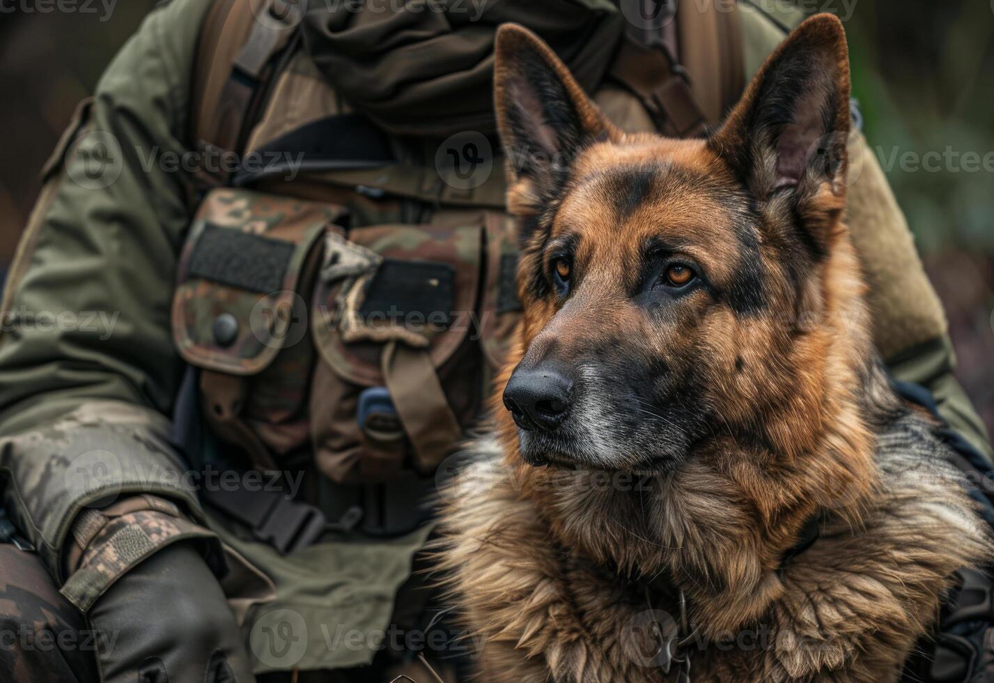 ai généré militaire chien et le sien gestionnaire. une une allemand berger chien est séance suivant à une la personne photo