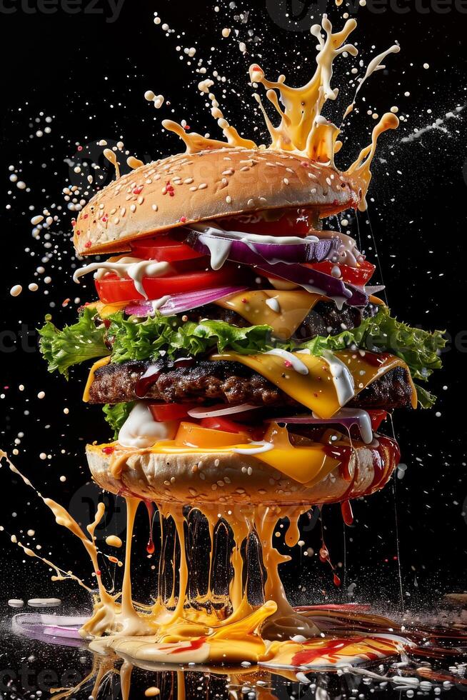 ai généré gros savoureux Burger et éclaboussure de sauce isolé sur noir Contexte photo