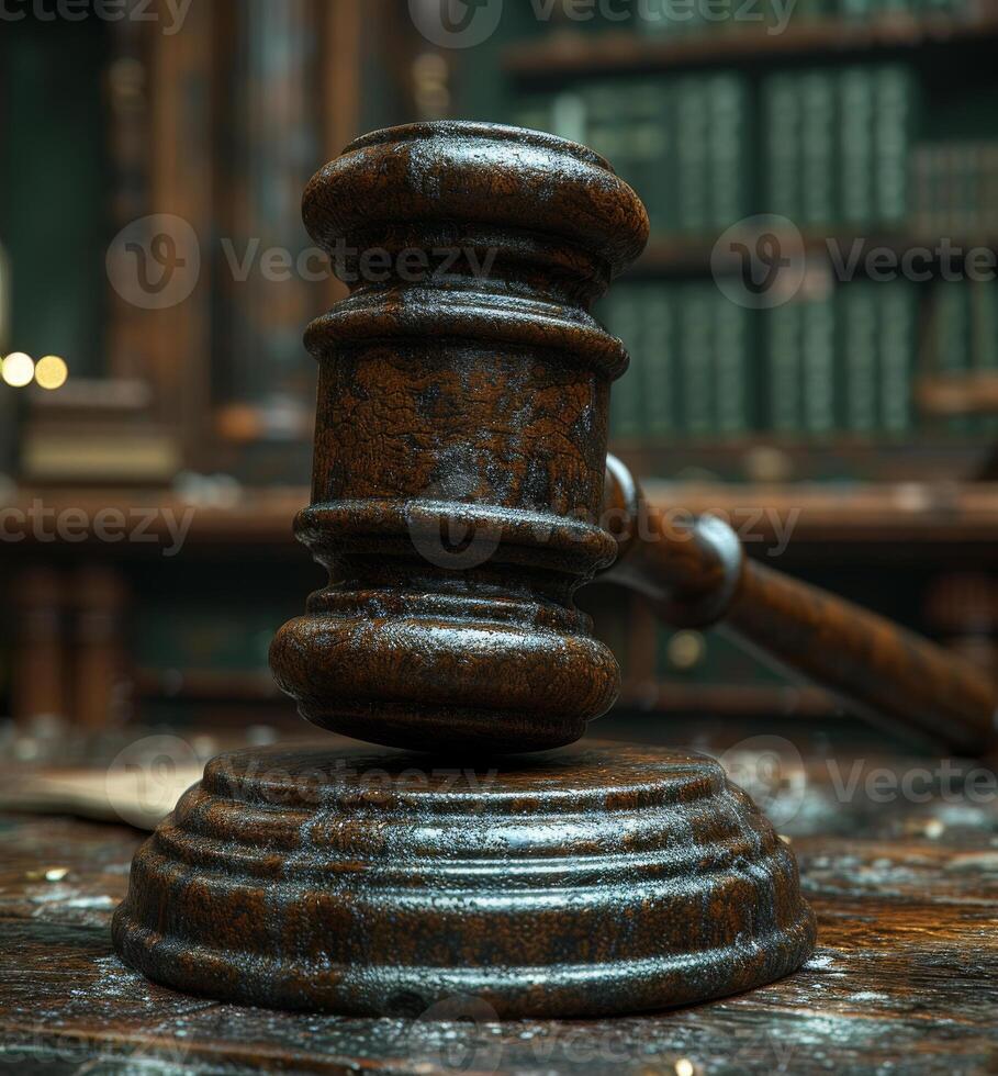 ai généré loi concept. livre avec en bois juges marteau sur table dans salle d'audience ou mise en vigueur Bureau photo