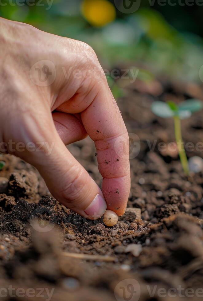 ai généré main plantation la graine dans le sol photo