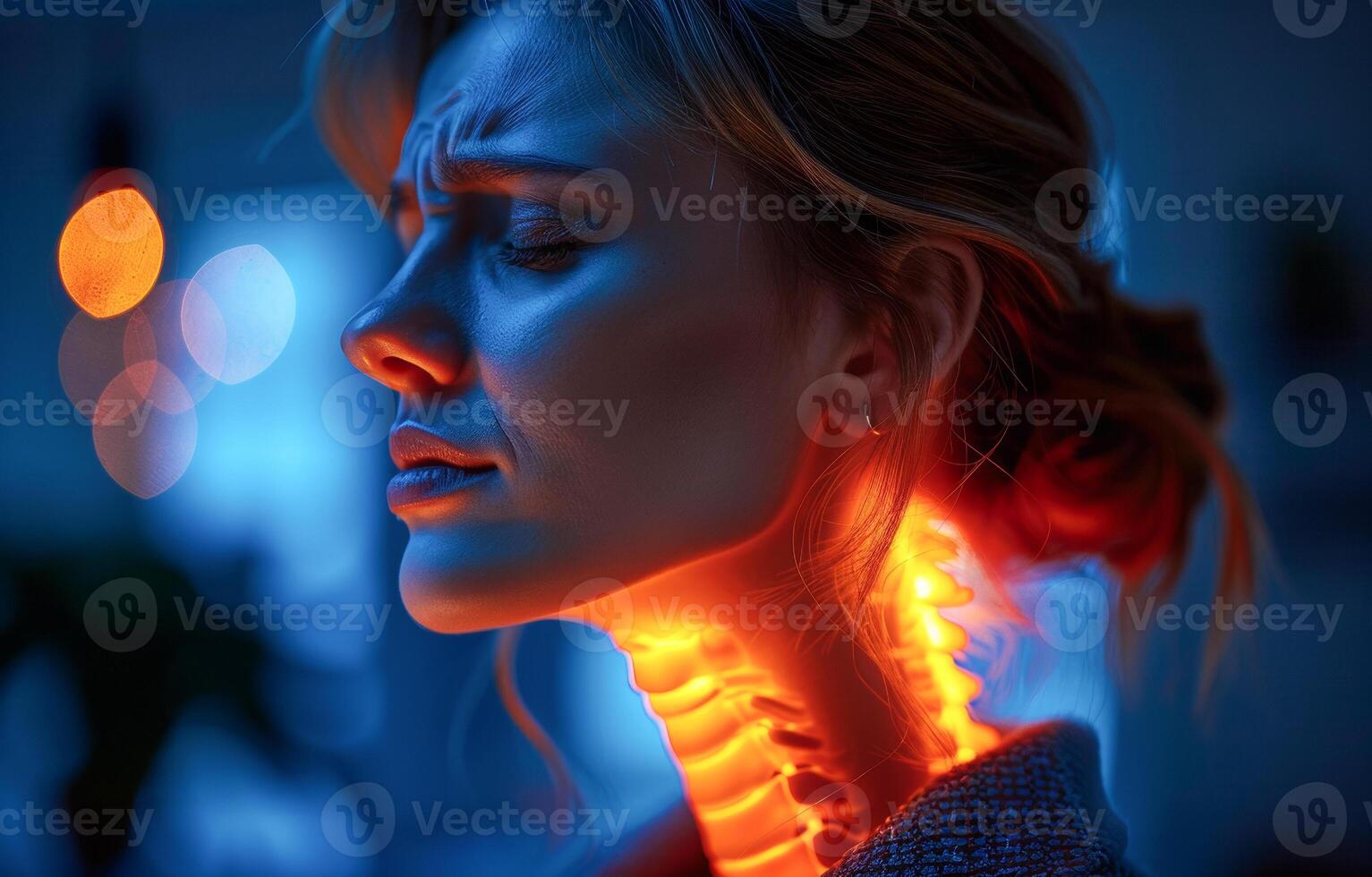 ai généré femme ayant cou douleur et cou blessure douloureux zone Souligné dans rouge sur foncé Contexte photo