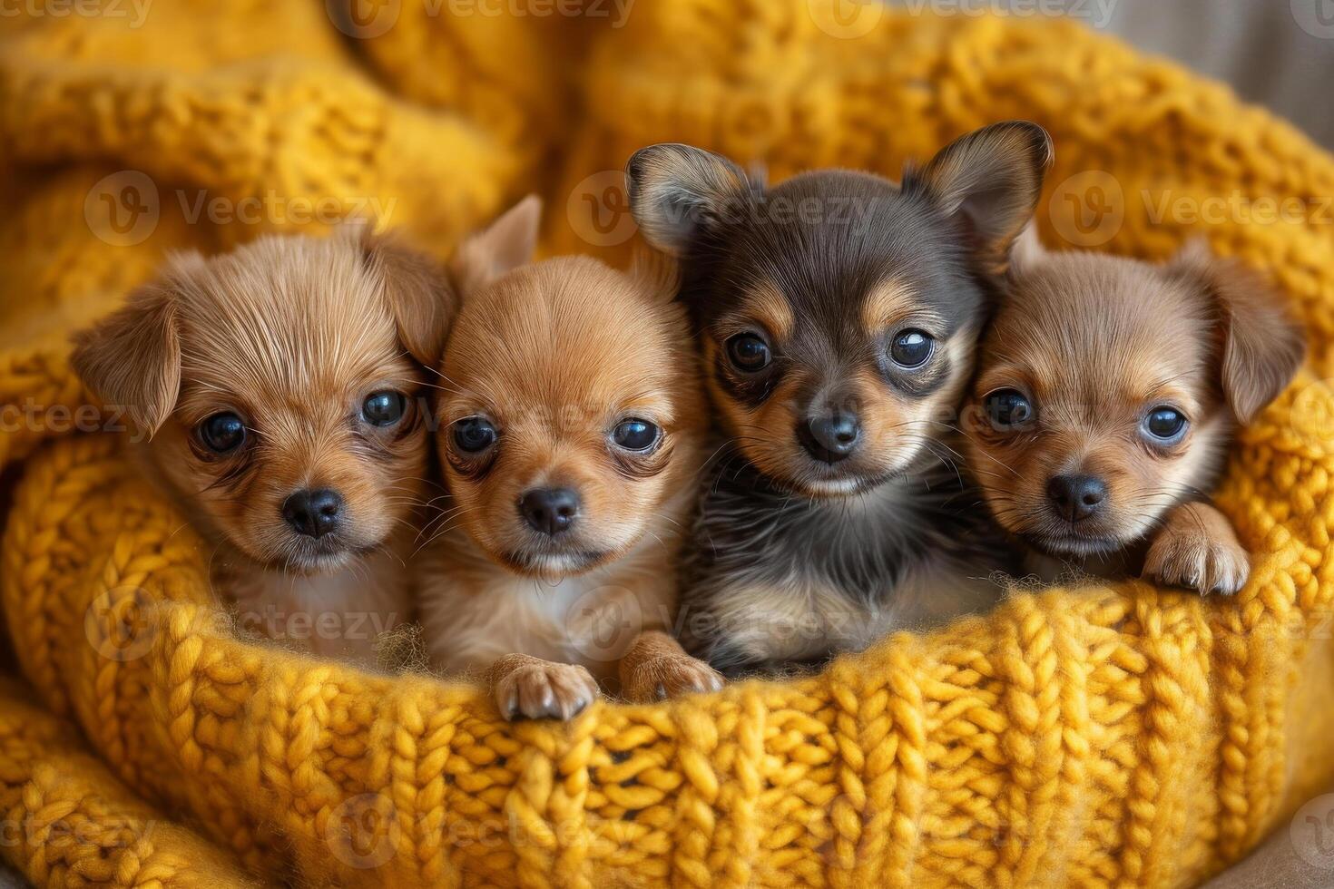 ai généré quatre mignonne chihuahua chiots dans tricoté panier photo