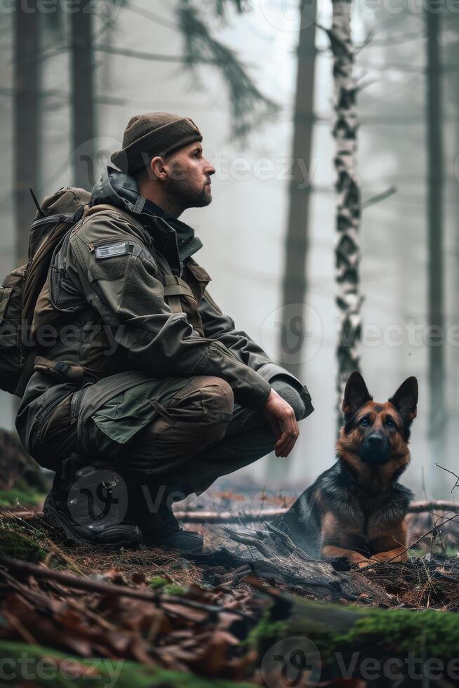 ai généré soldat et le sien chien dans le forêt photo