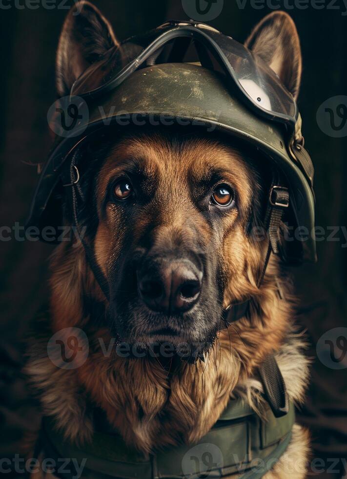 ai généré allemand berger dans militaire casque photo