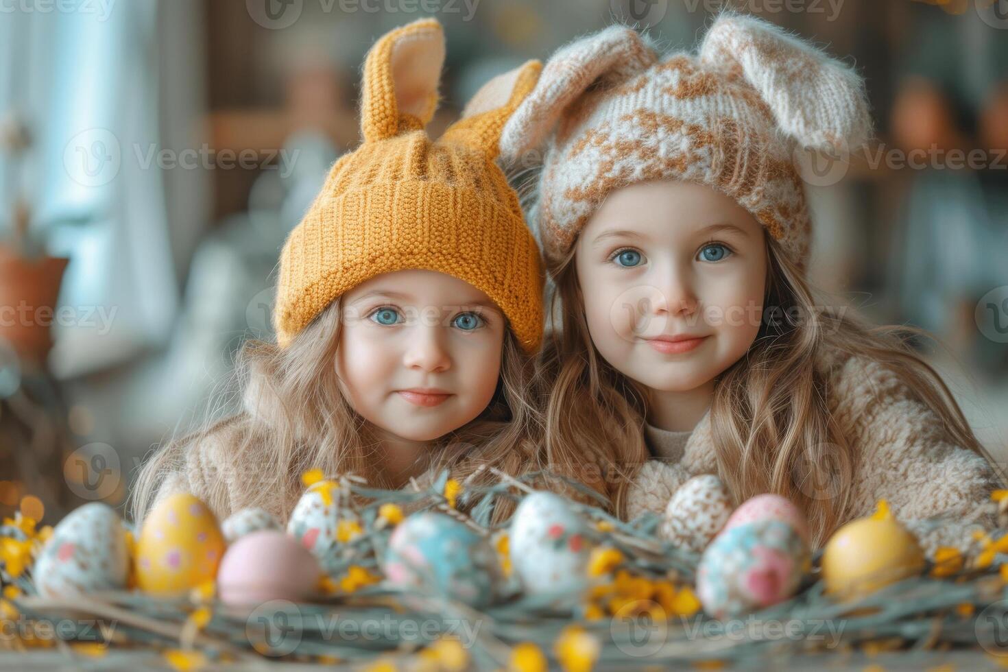 ai généré deux mignonne peu sœurs sont portant lapin oreilles et mensonge sur le foins avec Pâques des œufs photo