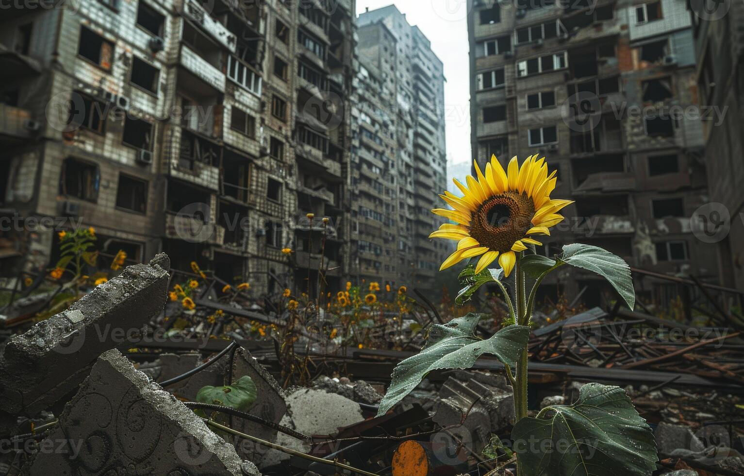 ai généré tournesol grandit dans le milieu de le détruit ville photo