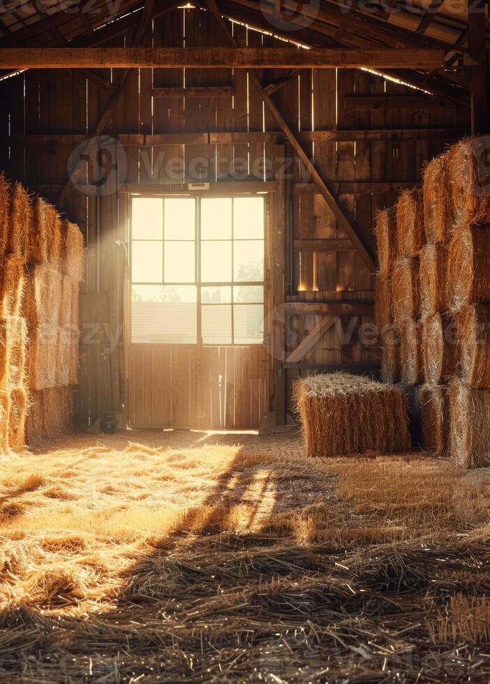 ai généré paille balles dans Grange avec lumière du soleil brillant par le ouvert porte photo