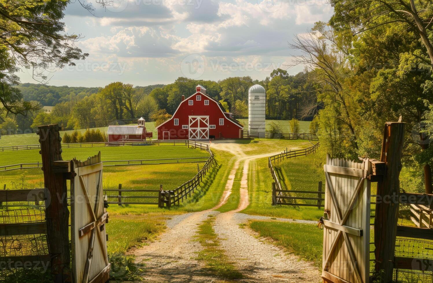 ai généré rouge Grange et silo dans le Contexte avec saleté route et ouvert porte dans le premier plan photo