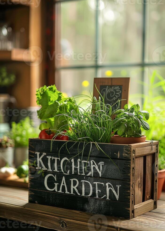 ai généré cuisine jardin dans Caisse. un en bois boîte avec les plantes et des légumes à l'intérieur photo