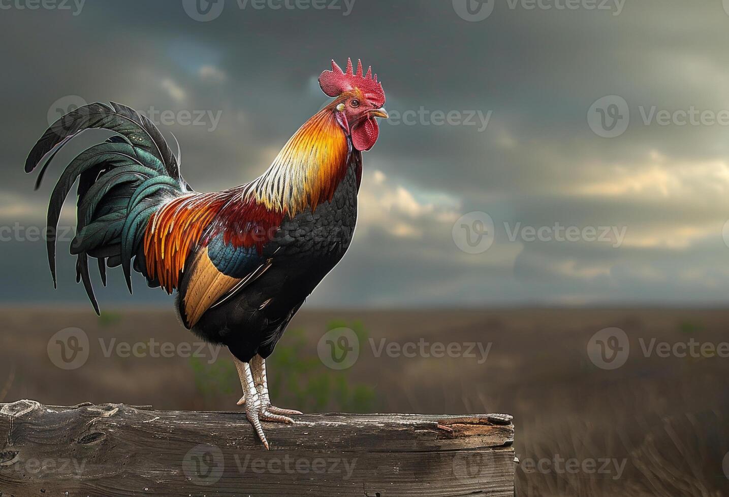 ai généré coq permanent sur en bois clôture. un coq est permanent sur une en bois planche photo