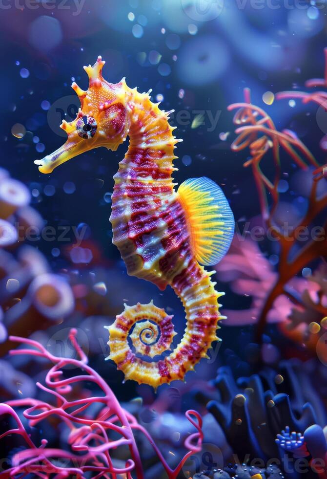 ai généré mer cheval sur corail récif. une hippocampe dans le océan avec magnifique couleurs photo