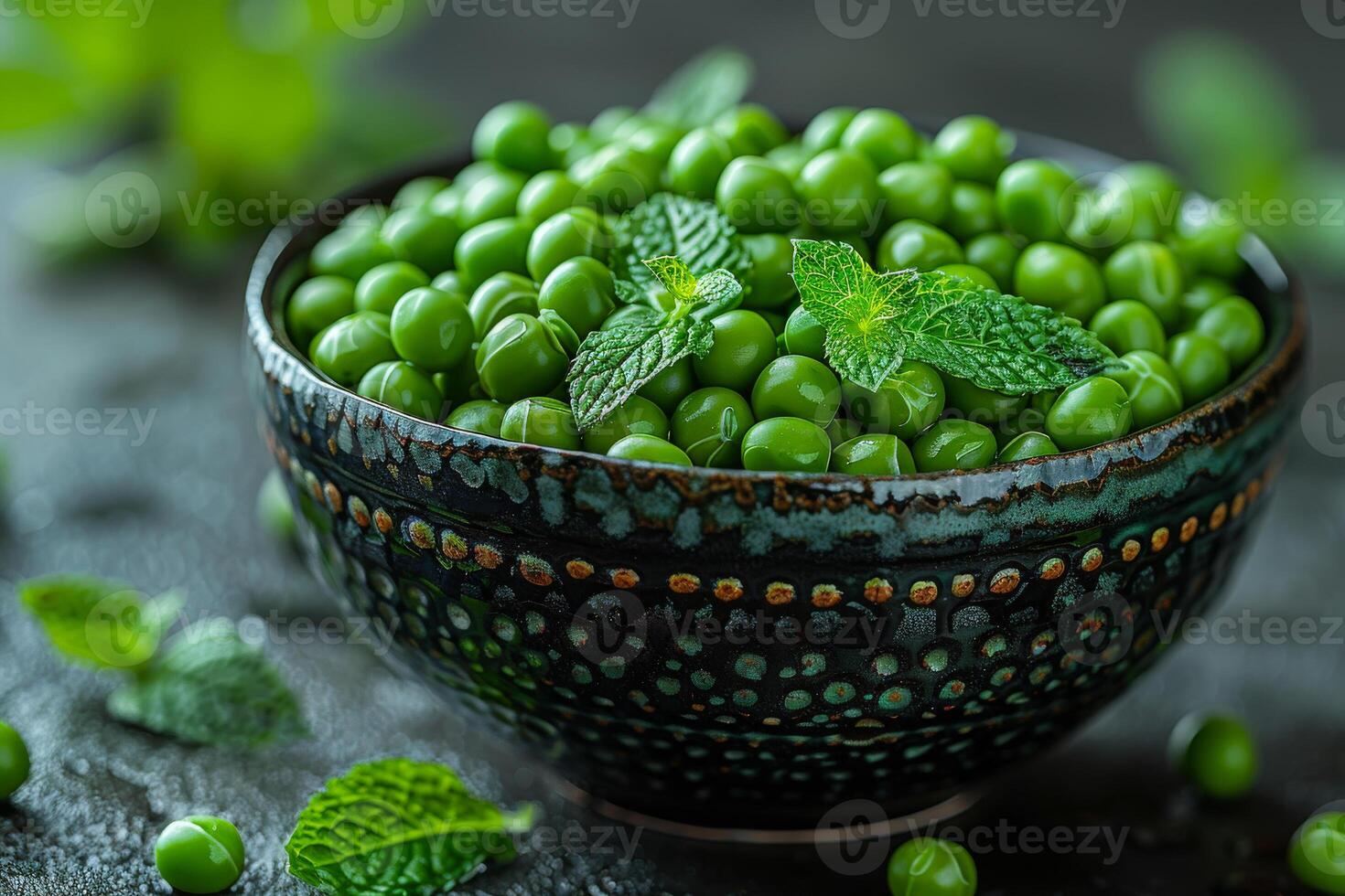 ai généré vert pois dans bol sur foncé Contexte photo