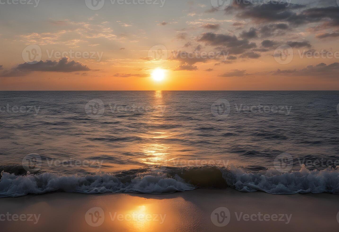 ai généré une vue de une le coucher du soleil plus de le mer photo