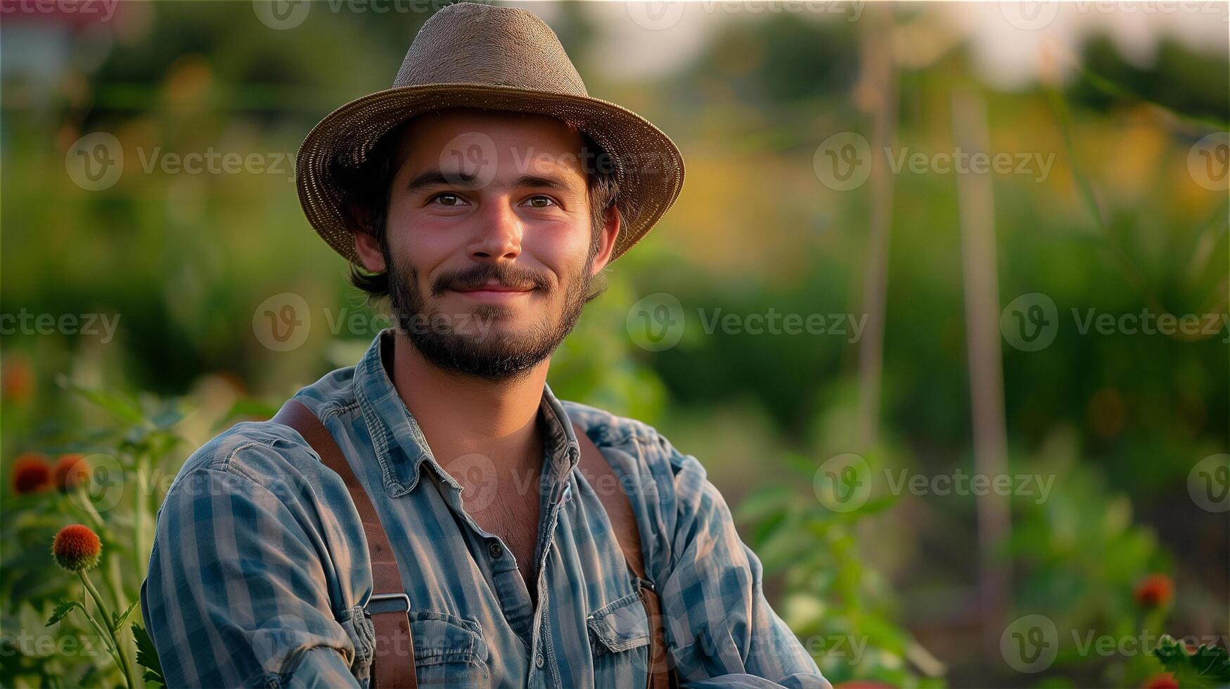 ai généré Beau Jeune homme agriculteur avec ferme Contexte photo