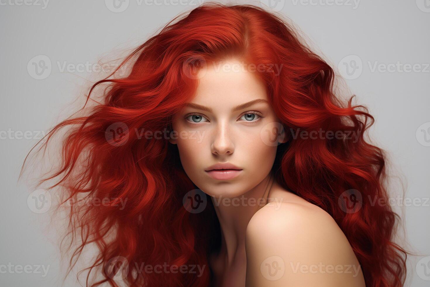 ai généré fermer portrait de une fille avec frisé rouge cheveux photo