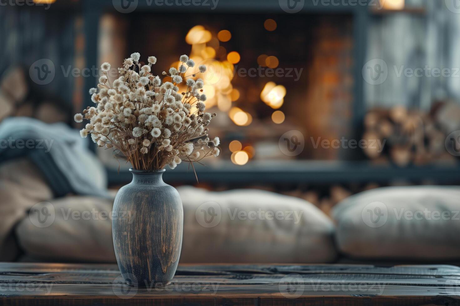 ai généré vase avec séché fleurs sur une foncé en bois café tableau, cheminée avec Feu dans le arrière-plan, vivant pièce dans une pays maison photo