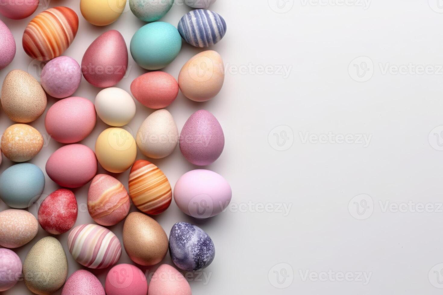 ai généré des œufs peint dans pastel couleurs sur une blanc Contexte. vide espace. photo