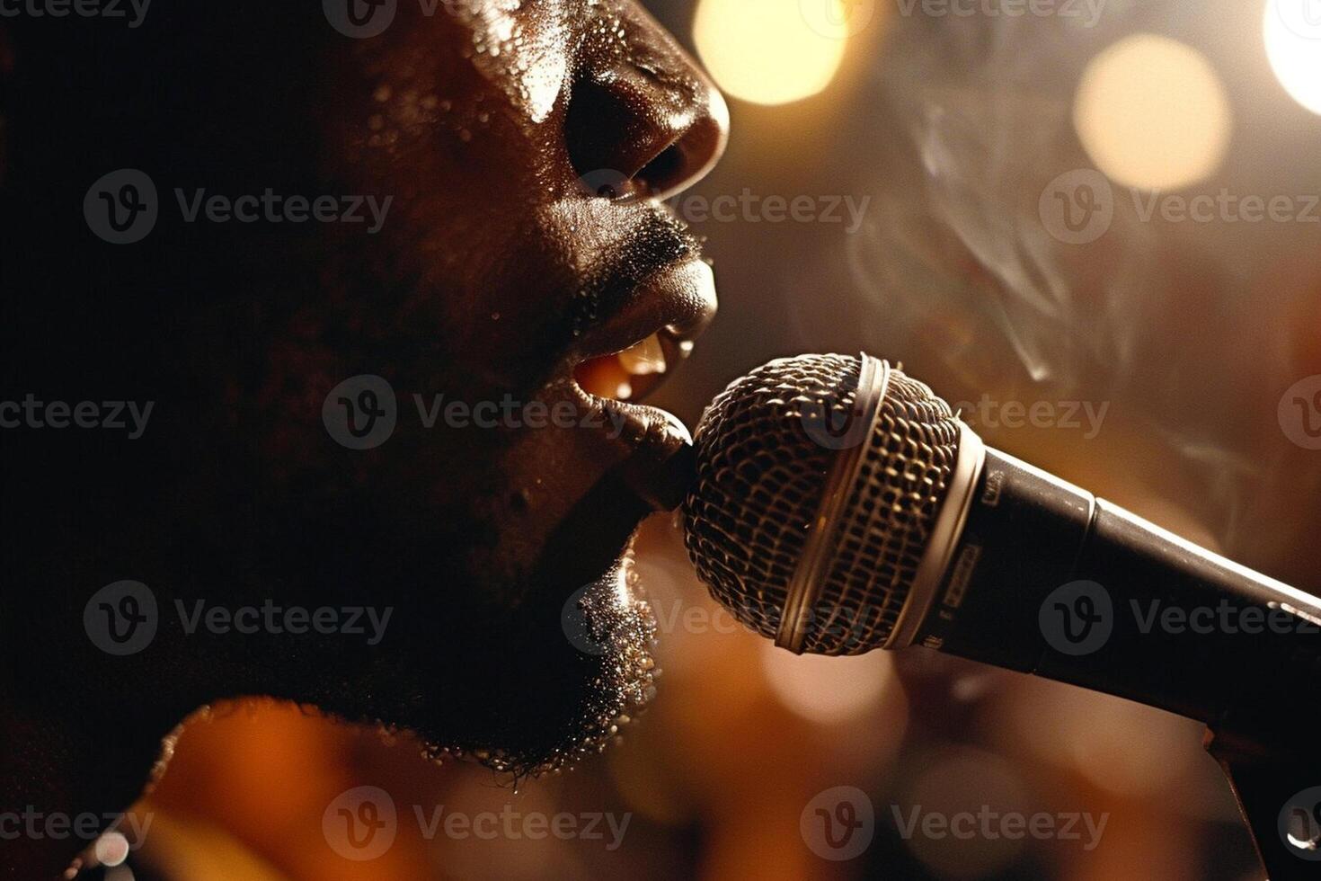 ai généré une femme est en chantant dans une microphone avec fumée à venir en dehors de sa bouche photo