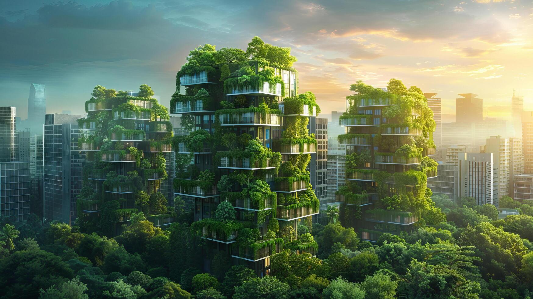 ai généré verticale forêt tours au milieu de Urbain horizon photo