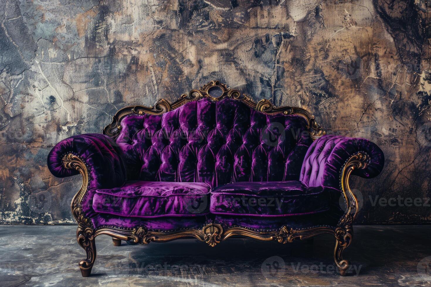 ai généré peluche violet velours causeuse canapé avec antique style Téléphone contre une texturé Contexte photo