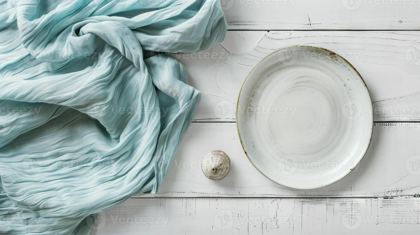 ai généré lumière bleu vert lin sur rustique blanc bois surface. photo