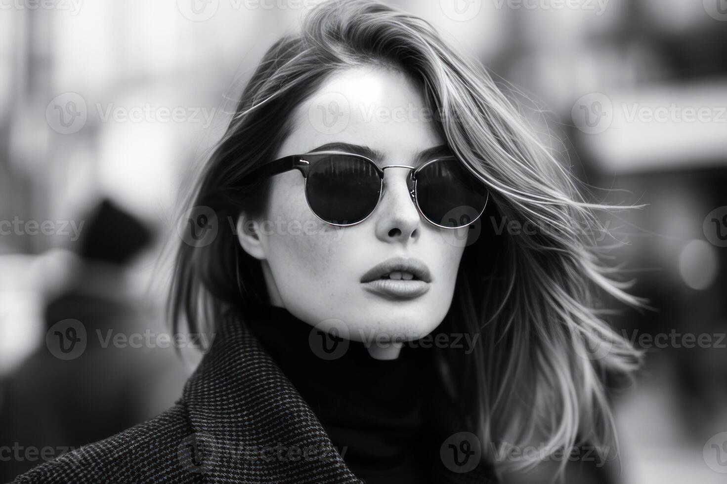 ai généré portrait de une Jeune femme portant des lunettes dans une occupé ville rue photo