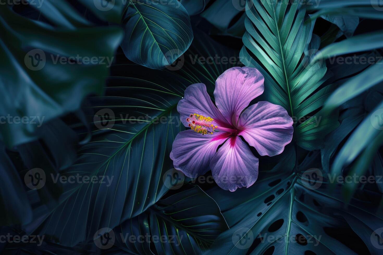 ai généré coloré fleur sur foncé tropical feuillage la nature Contexte photo