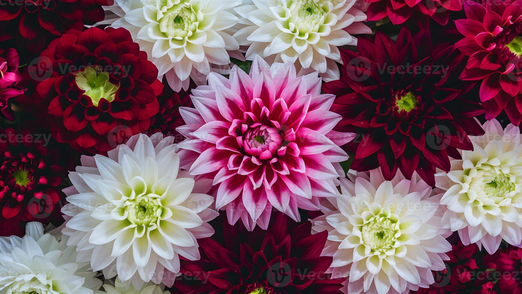 ai généré floral image plein de couleurs, avec rouge et blanc dahlias photo