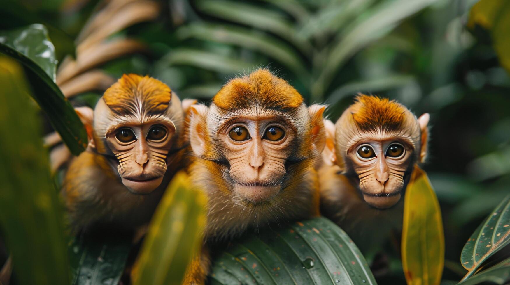 ai généré groupe de singes séance sur Haut de une vert feuille photo