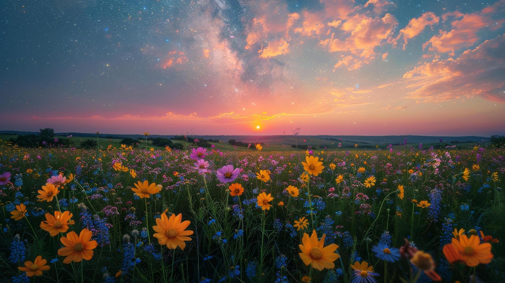 ai généré champ de fleurs en dessous de nuit ciel photo