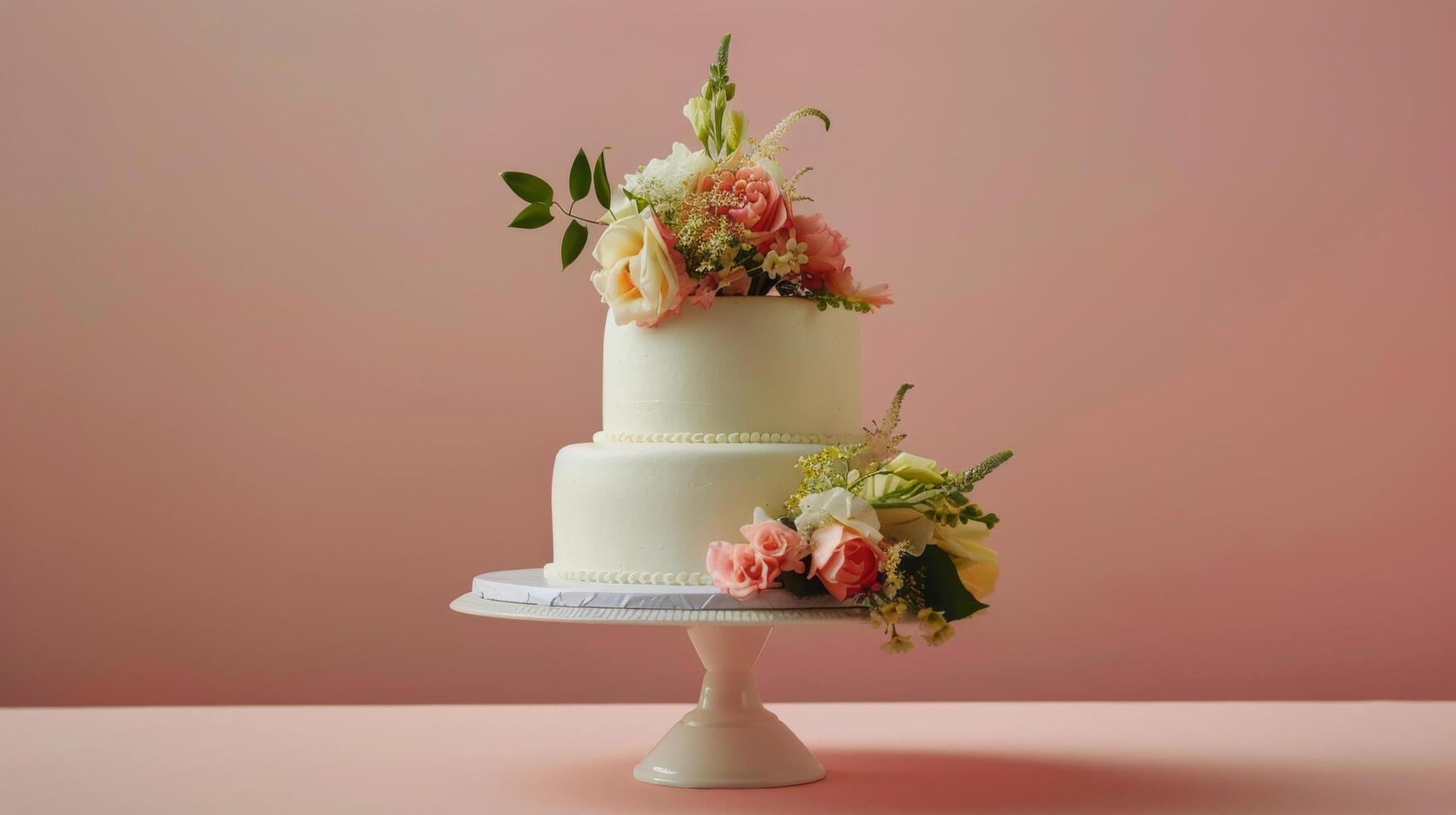 ai généré Trois échelonné gâteau avec fleurs photo