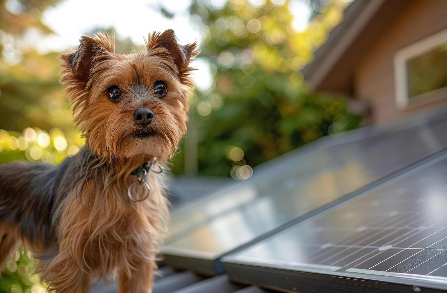 ai généré petit chien permanent suivant à solaire panneau photo