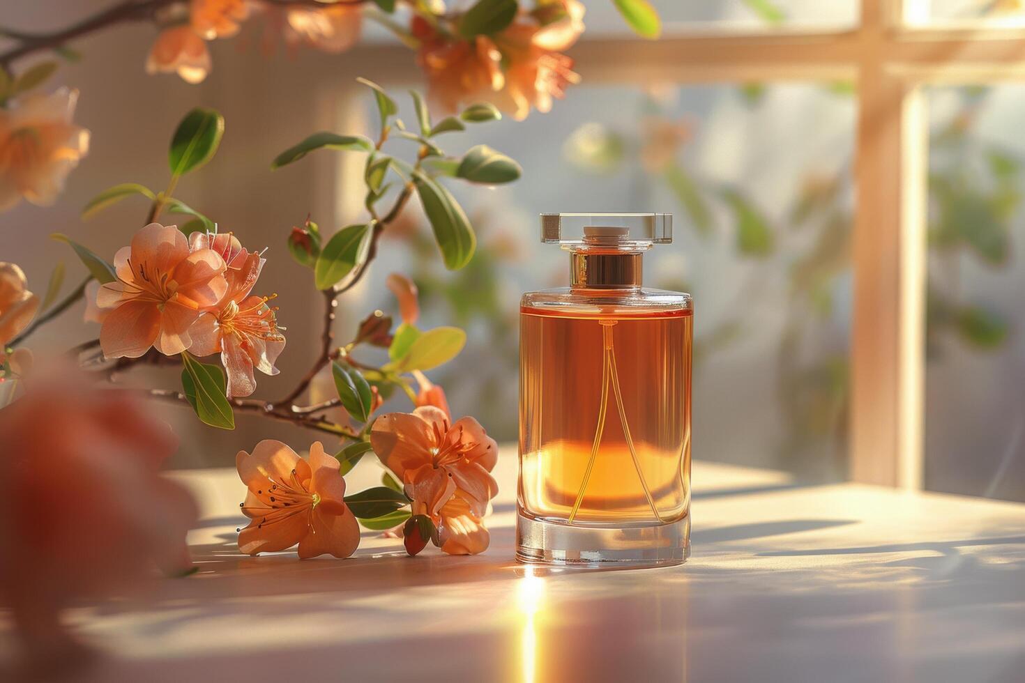 ai généré bouteille de parfum sur fenêtre seuil photo