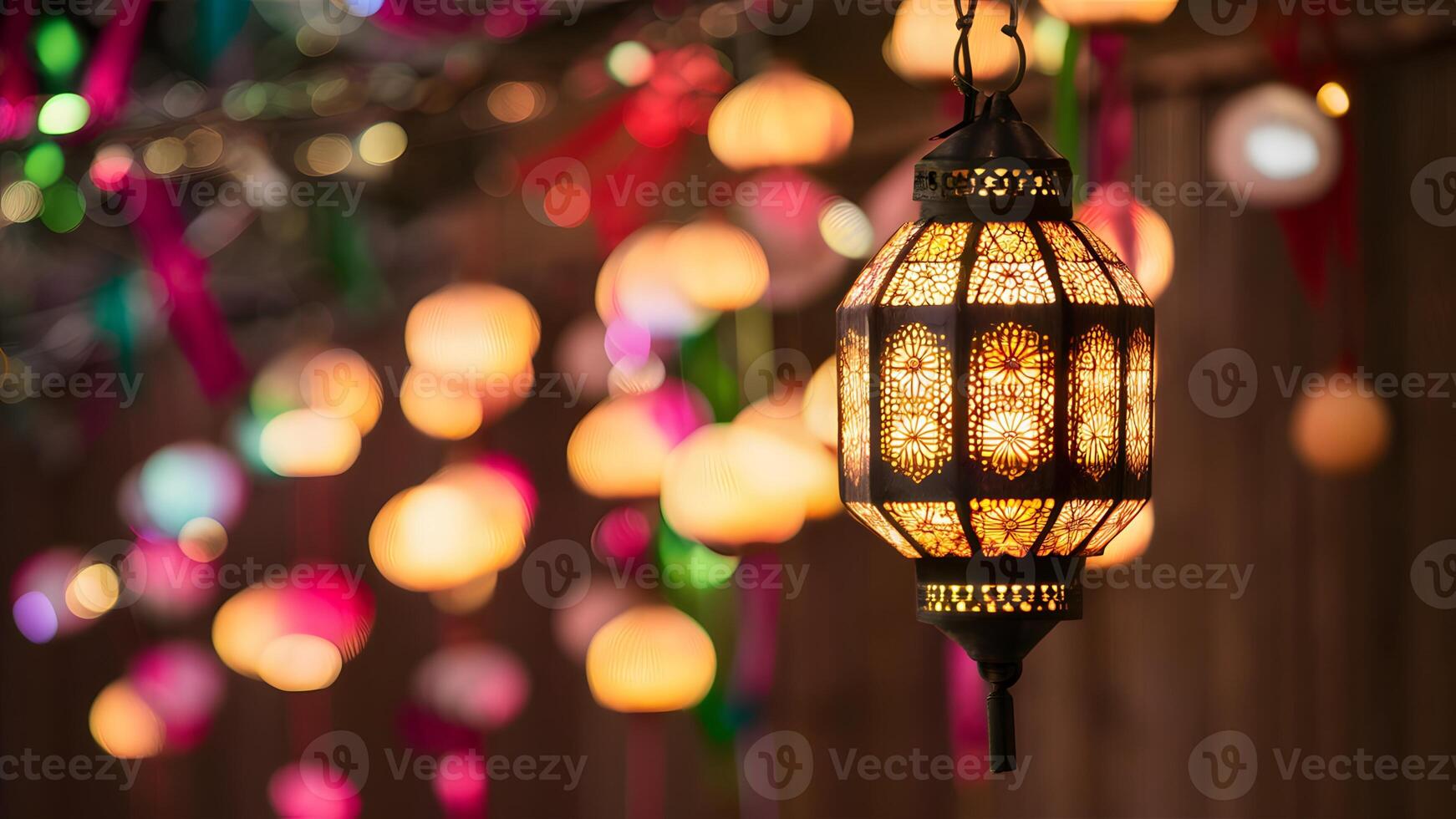 ai généré bokeh lanterne évoque esprit de adha et fitr festivités photo