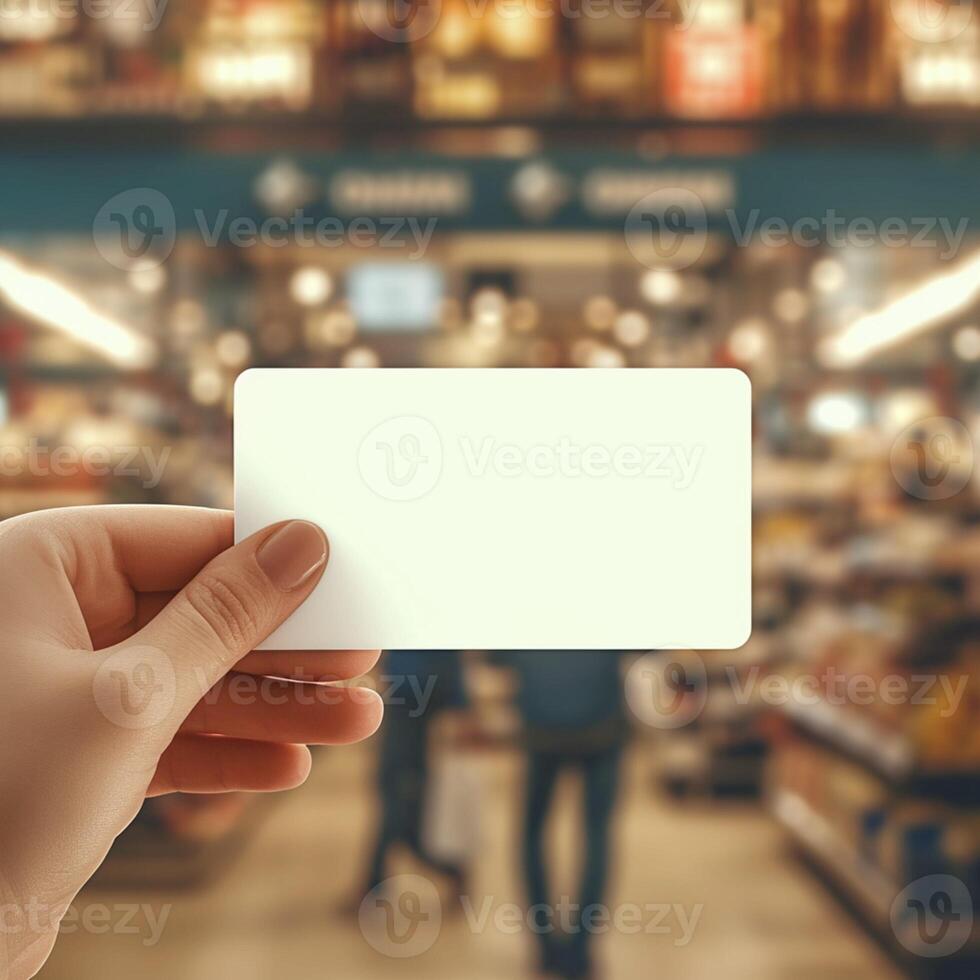 ai généré vue proche en haut main étend une Vide crédit carte à épicerie entrée pour social médias Publier Taille photo